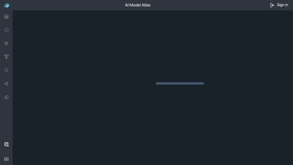 Screenshot of run.cosmograph.app: AI Model Atlas – visualizing populations of ML models as interconnected 3D graph