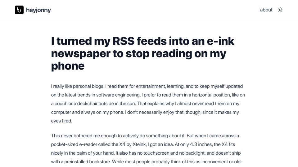 Screenshot of heyjonny.dev: I turned my RSS feeds into an e-ink newspaper to stop reading on my phone