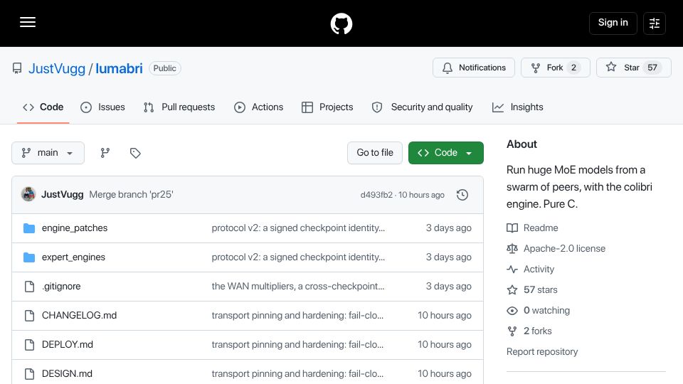 Screenshot of github.com: Show HN: Lumabri – Run Moe Models on a P2P Swarm with Colibri