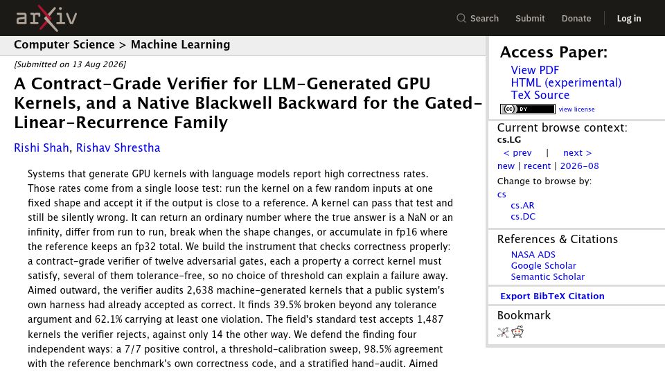Screenshot of arxiv.org: A Contract-Grade Verifier for LLM-Generated GPU Kernels