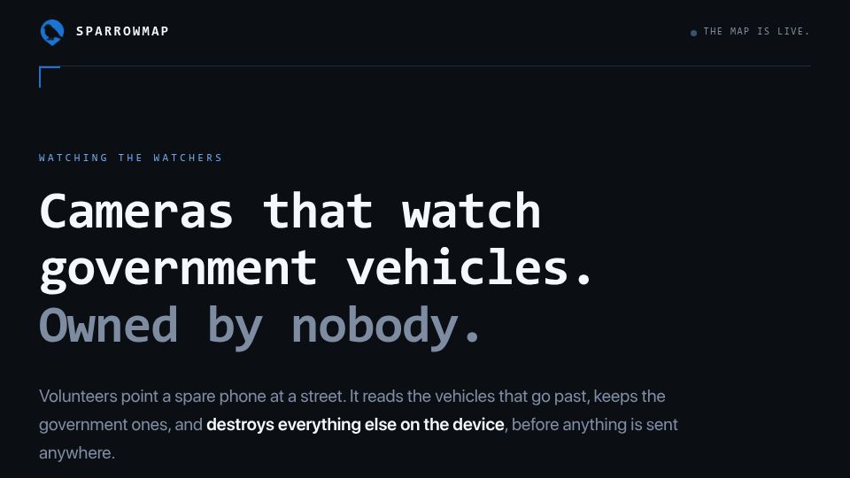 Screenshot of sparrowmap.com: SparrowMap – Cameras that watch government vehicles