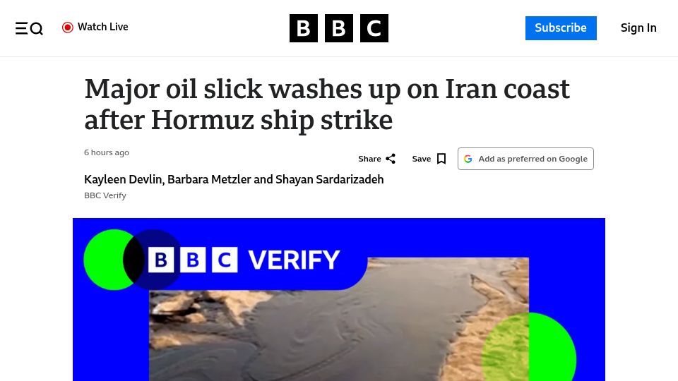 Screenshot of bbc.com: Major oil slick washes up on Iran coast after Hormuz ship strike