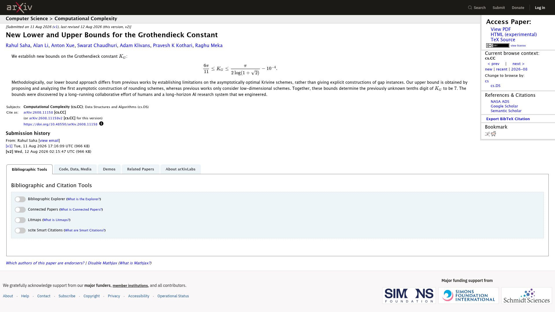Screenshot of arxiv.org: New Lower and Upper Bounds for the Grothendieck Constant