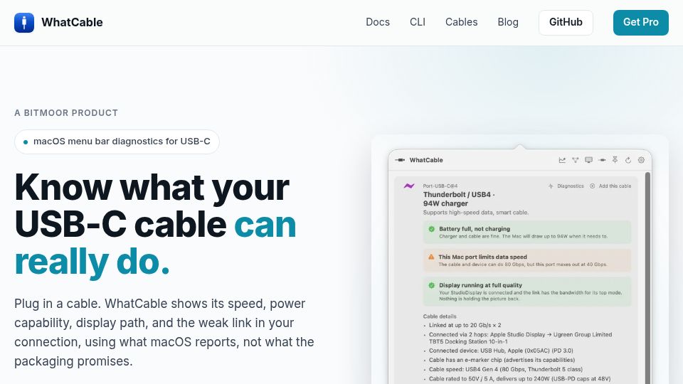 Screenshot of whatcable.uk: WhatCable: Know what your USB-C cable can do