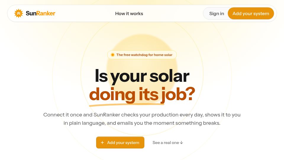 Screenshot of sunranker.com: Show HN: My solar died for 6 months, so I built a watchdog