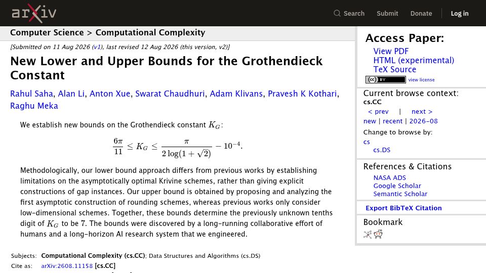 Screenshot of arxiv.org: New Lower and Upper Bounds for the Grothendieck Constant