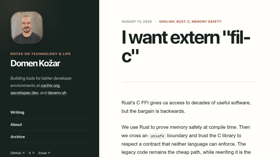 Screenshot of domenkozar.com: I want extern "fil-C"