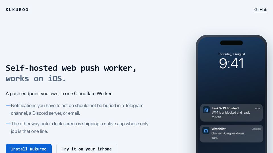 Screenshot of kukuroo.cc: Self-hosted web push Cloudflare Worker, works on iOS