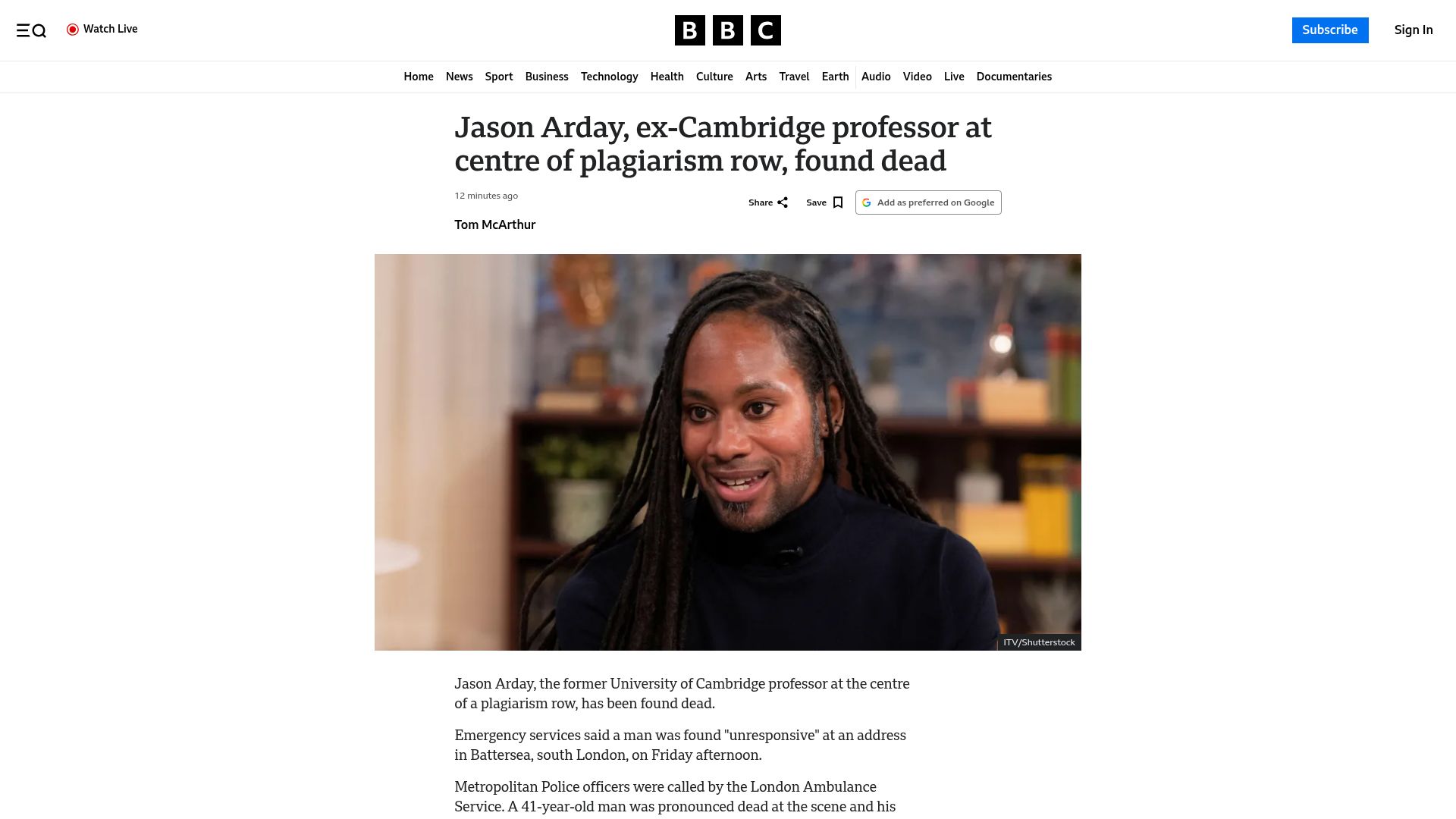 Screenshot of bbc.com: Jason Arday, ex-Cambridge professor at centre of plagiarism row, found dead