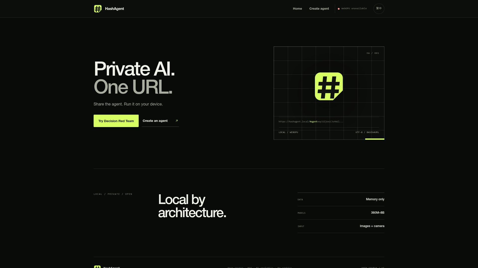 Screenshot of hashagent.pages.dev: HashAgent – Share an AI agent as a URL, runs locally via WebGPU