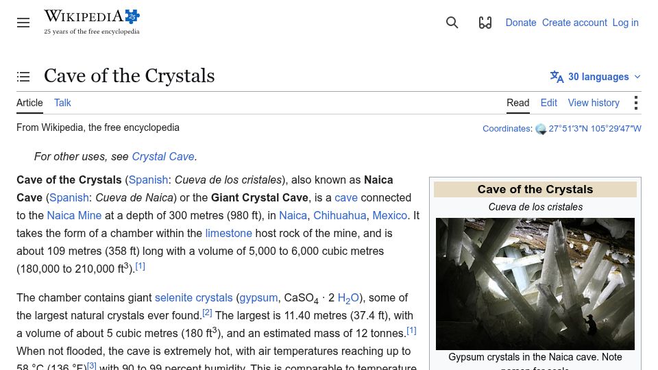 Screenshot of en.wikipedia.org: Cave of the Crystals