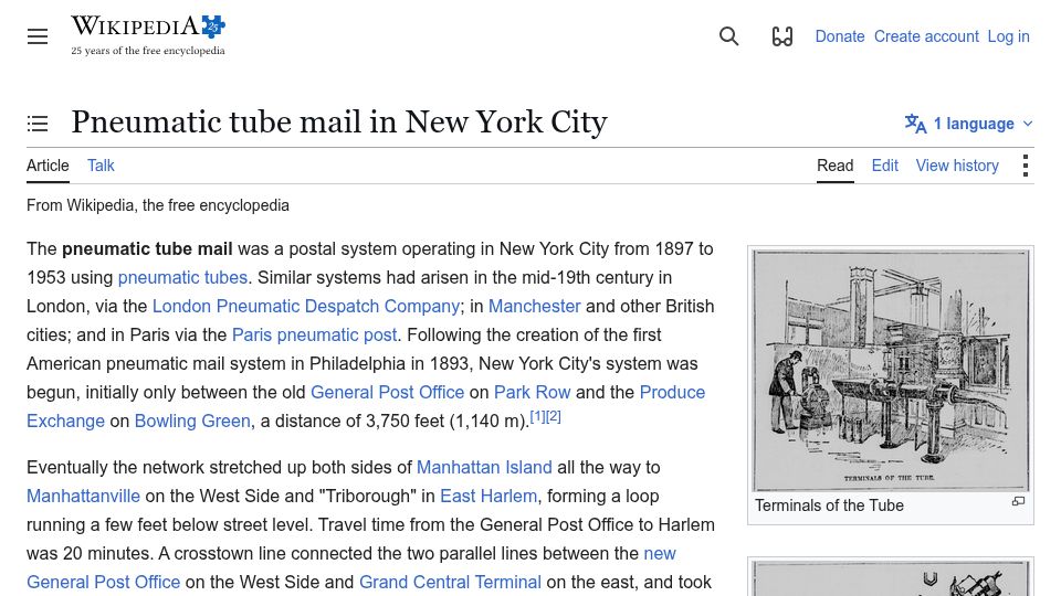 Screenshot of en.wikipedia.org: Pneumatic tube mail in New York City