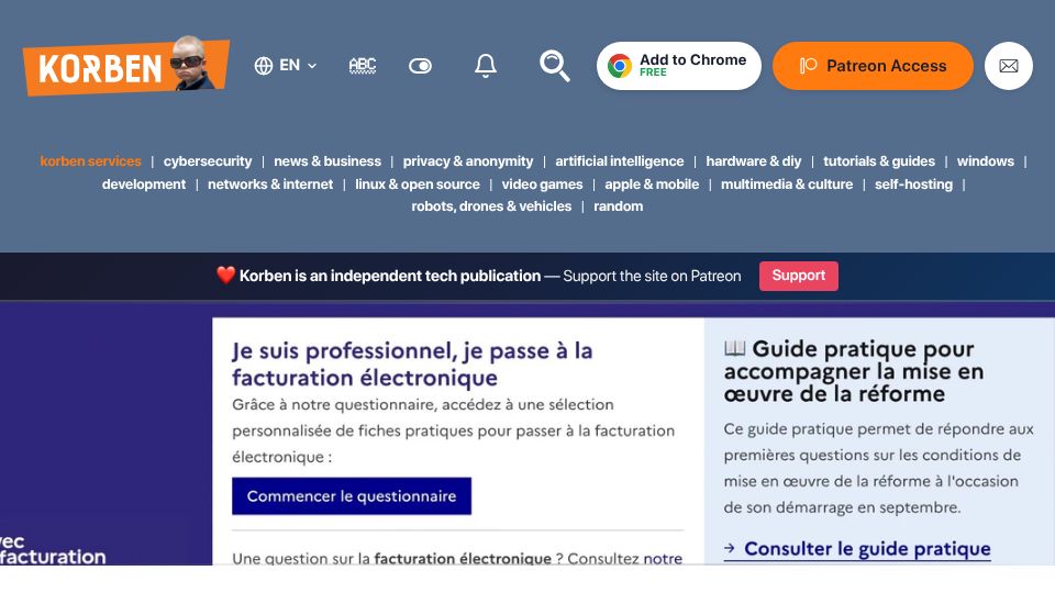 Screenshot of korben.info: France's tax authority had data stolen on 680k taxpayers
