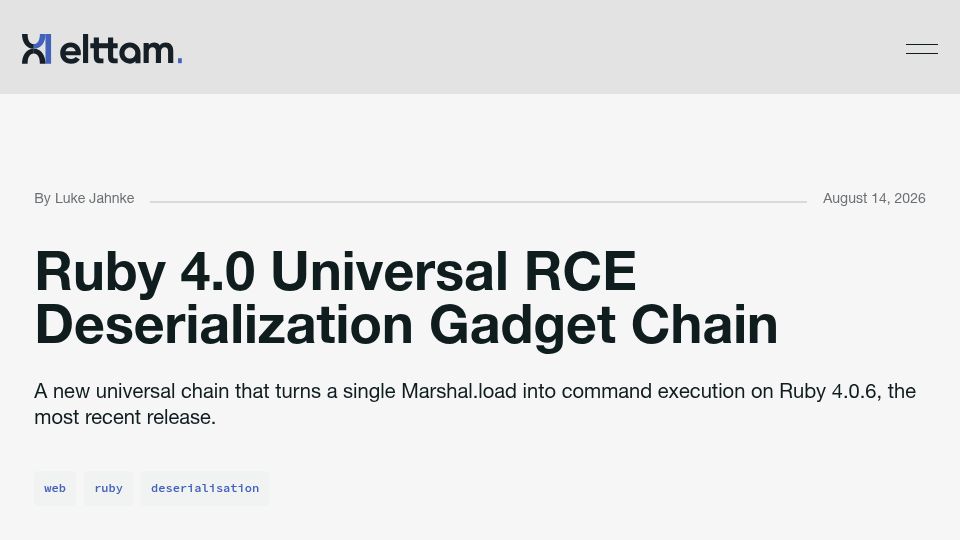 Screenshot of elttam.com: Ruby 4.0 Universal RCE Deserialization Gadget Chain