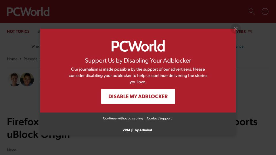 Screenshot of pcworld.com: Firefox is now the last major browser that still supports uBlock Origin