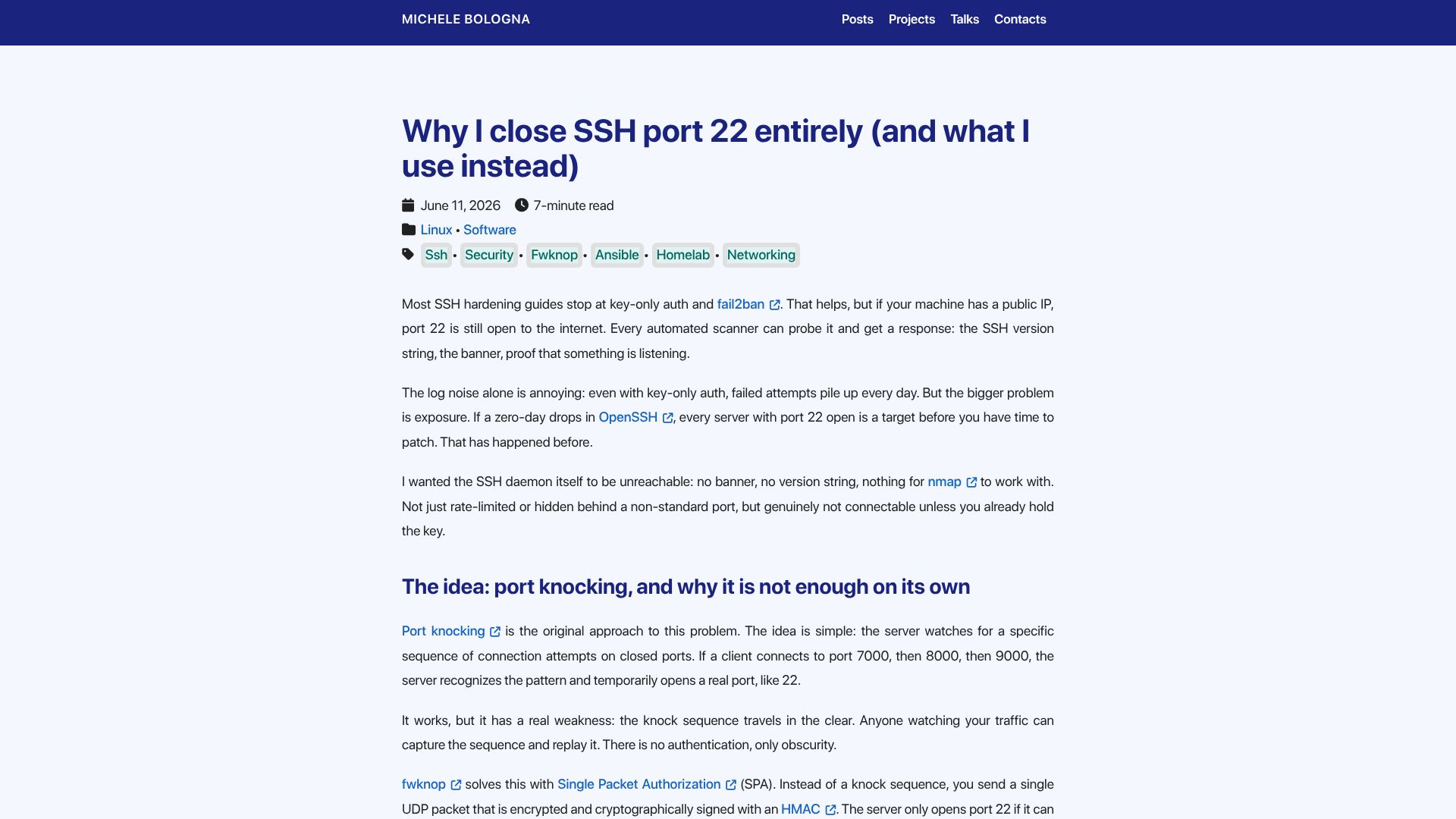 Screenshot of michelebologna.net: I close SSH port 22 (and what I use instead)