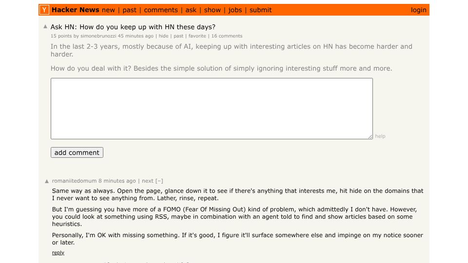 Screenshot of Hacker News post: Ask HN: How do you keep up with HN these days?