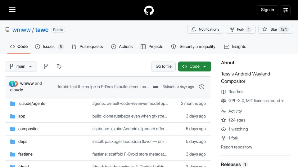 Screenshot of github.com: Tess's Android Wayland Compositor