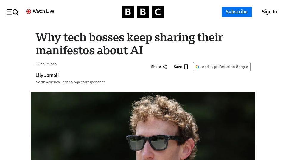 Screenshot of bbc.com: Why tech bosses keep sharing their manifestos about AI