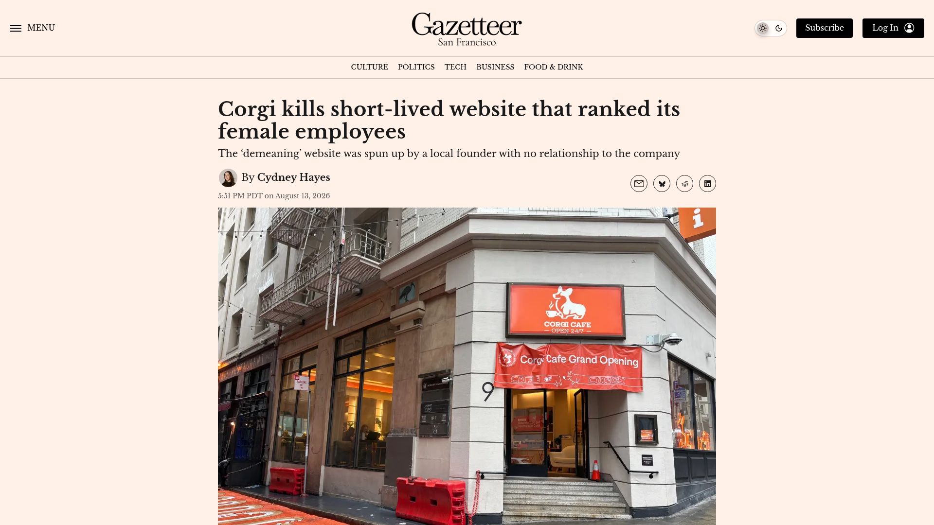 Screenshot of sf.gazetteer.co: Corgi kills short-lived website that ranked its female employees