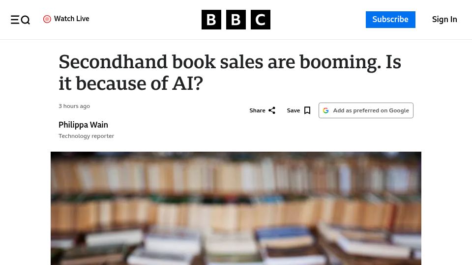 Screenshot of bbc.co.uk: Secondhand book sales are booming. Is it because of AI?