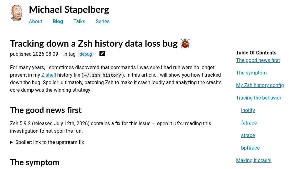 Screenshot of michael.stapelberg.ch: Tracking down a Zsh history data loss bug