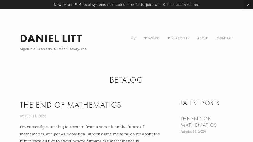 Screenshot of daniellitt.com: The End of Mathematics