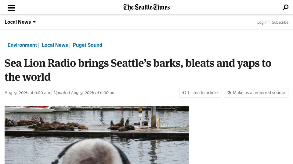 Screenshot of seattletimes.com: Sea Lion Radio brings Seattle's barks, bleats and yaps to the world