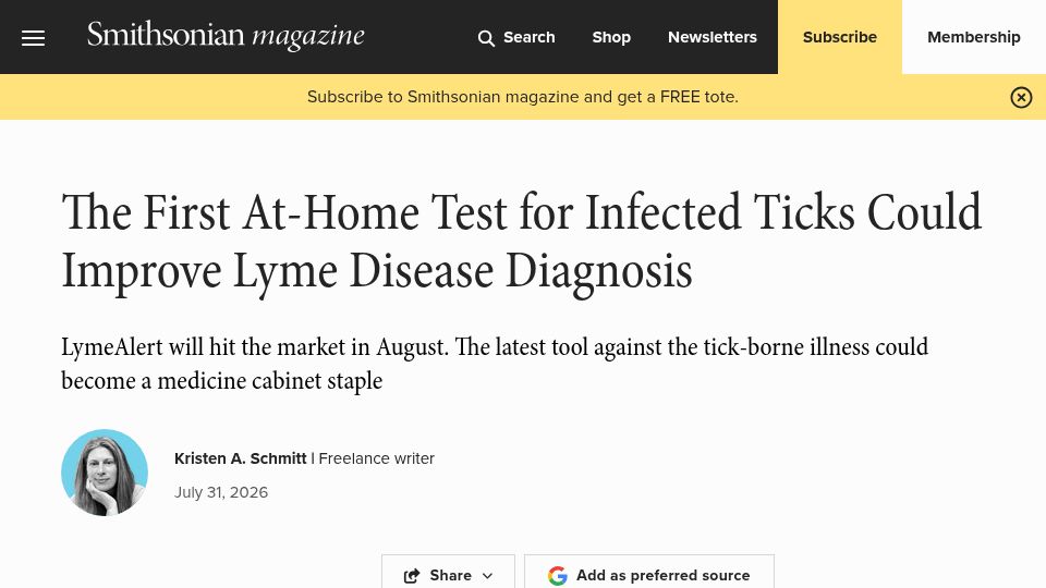 Screenshot of smithsonianmag.com: At-home test for infected ticks could improve Lyme Disease diagnosis
