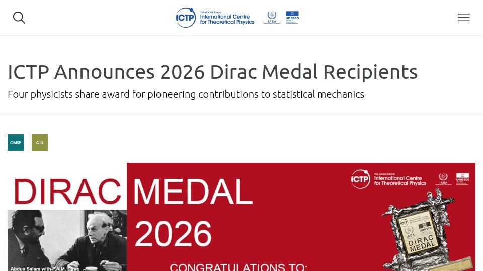 Screenshot of ictp.it: ICTP Announces 2026 Dirac Medal Recipients (Physics)