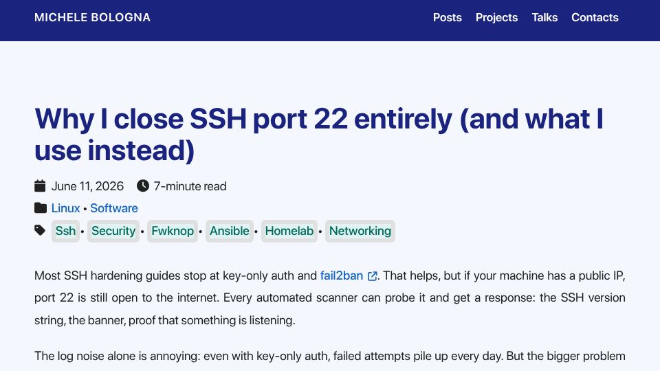 Screenshot of michelebologna.net: I close SSH port 22 (and what I use instead)