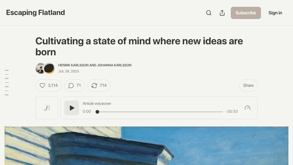 Screenshot of henrikkarlsson.xyz: Cultivating a state of mind where new ideas are born (2023)