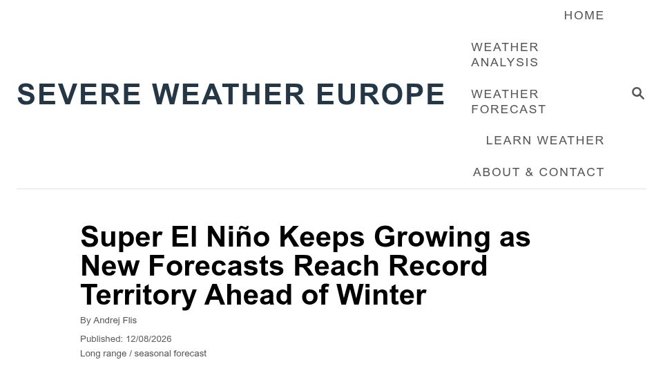 Screenshot of severe-weather.eu: Super El Niño Keeps Growing as New Forecasts Reach Record Territory Ahead Winter
