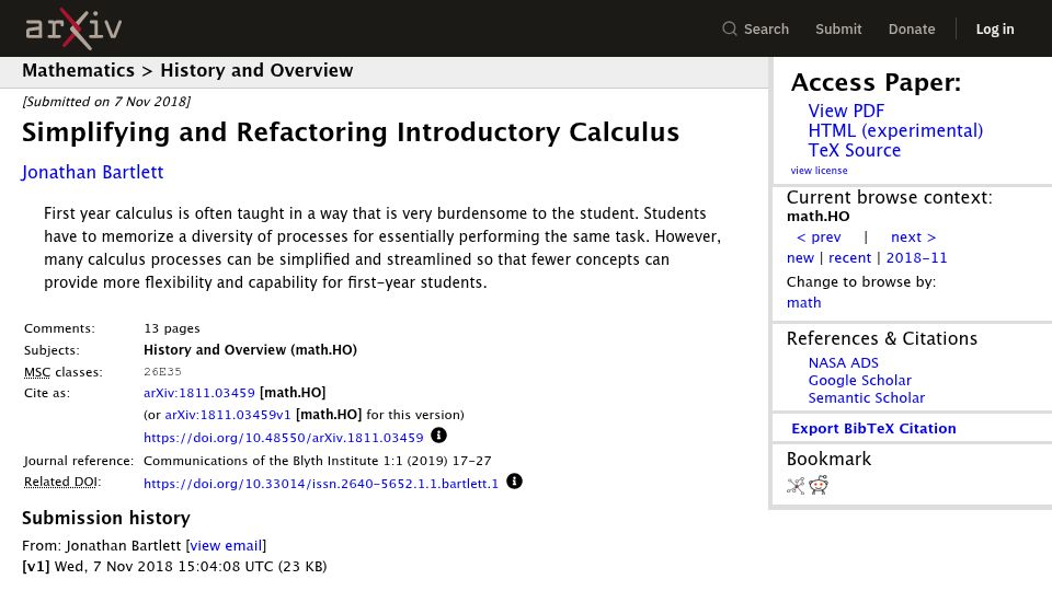 Screenshot of arxiv.org: Simplifying and Refactoring Introductory Calculus (2018)