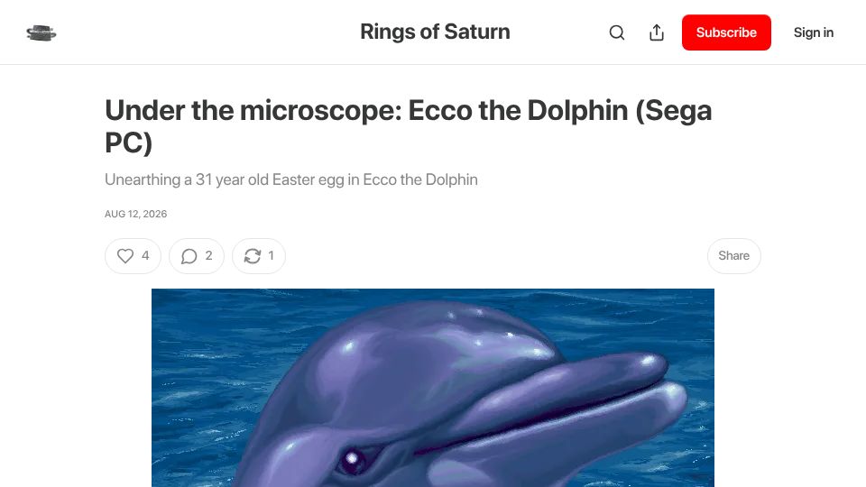 Screenshot of 32bits.substack.com: Unearthing a 31 year old Easter egg in Ecco the Dolphin