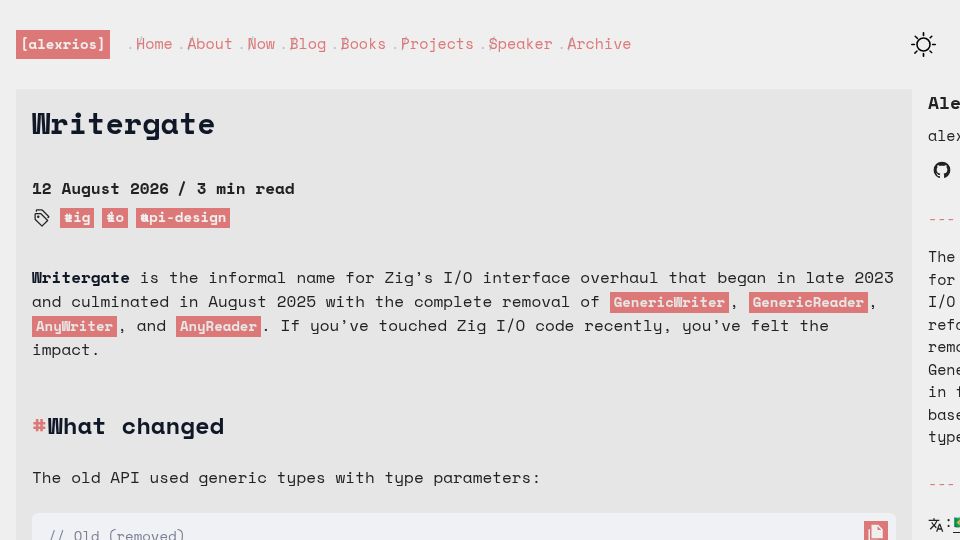 Screenshot of alexrios.me: Writergate: Zig I/O Interface Overhaul