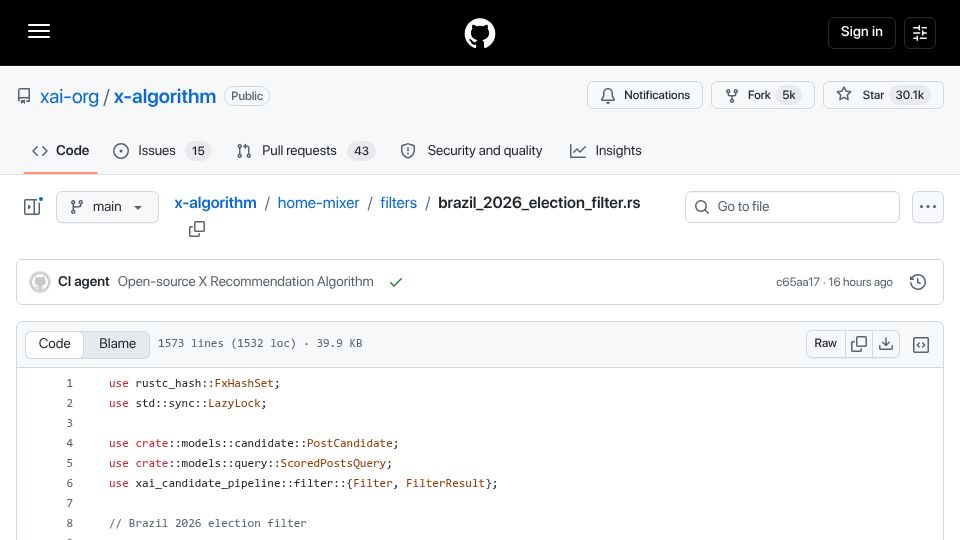 Screenshot of github.com: Brazilian election filter in X For You timeline