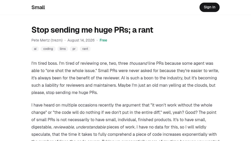 Screenshot of getsmall.xyz: Stop sending me huge PRs; a rant