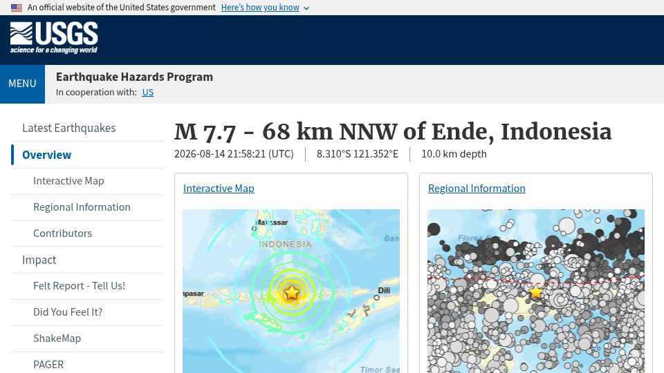 Screenshot of earthquake.usgs.gov: Magnitude 7.7 Earthquake – 68 km NNW of Ende, Indonesia