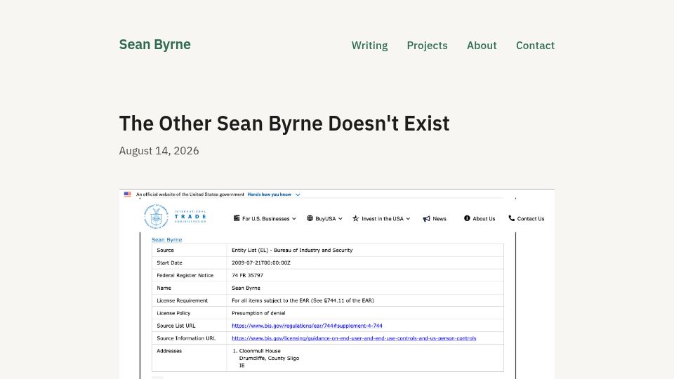 Screenshot of conic.al: The other Sean Byrne doesn't exist