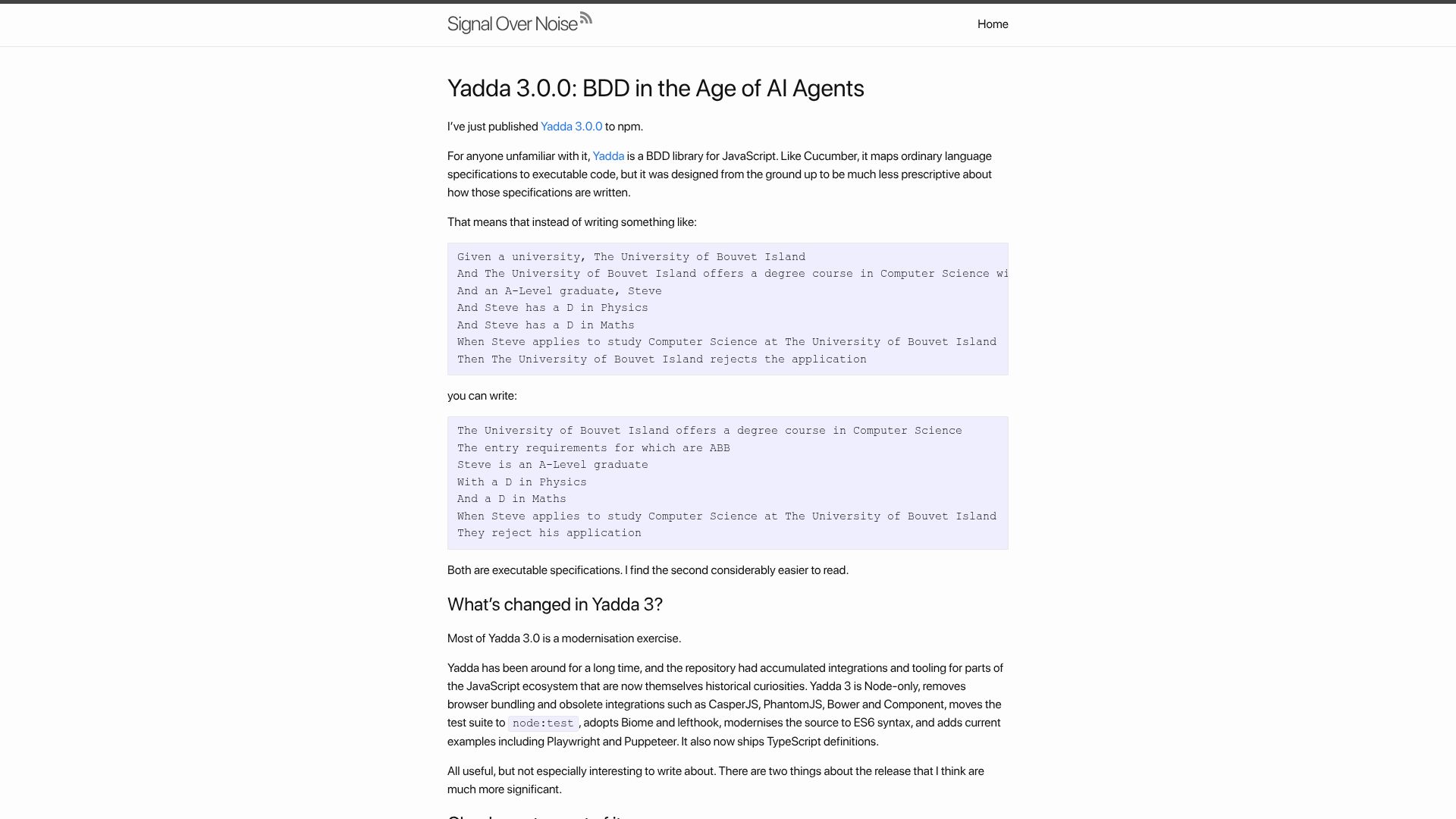 Screenshot of stephen-cresswell.com: Yadda 3.0.0: BDD in the Age of AI Agents
