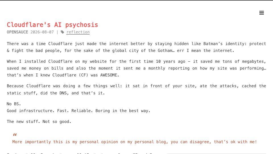 Screenshot of opensauce.it: Cloudflare's AI Psychosis