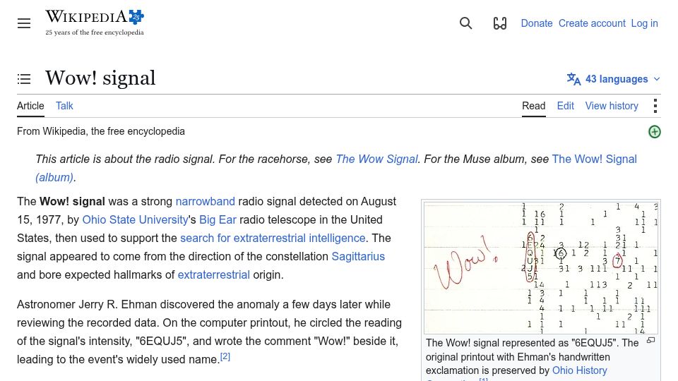 Screenshot of en.wikipedia.org: The Wow signal was a strong narrowband radio signal detected on August 15, 1977