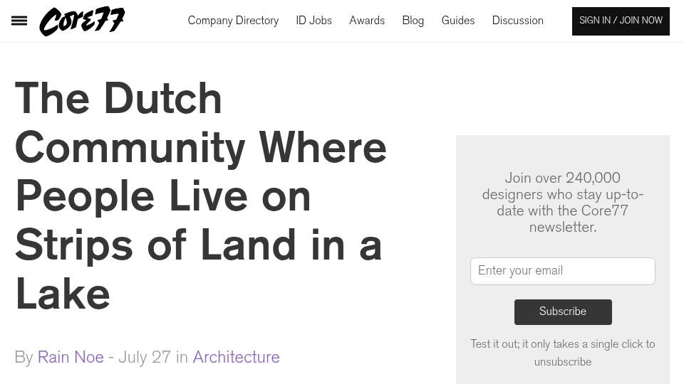 Screenshot of core77.com: The Dutch community where people live on strips of land in a lake
