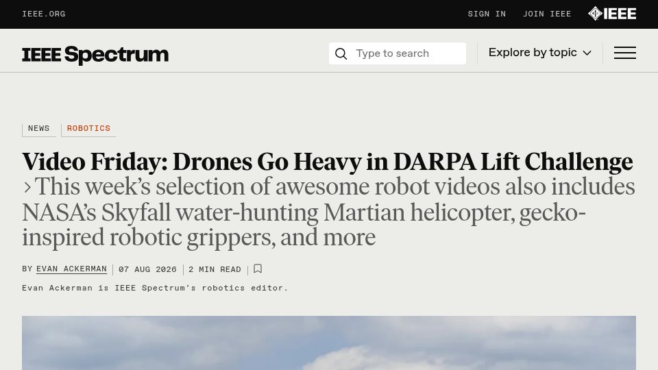 Screenshot of spectrum.ieee.org: Robot Videos: Heavy Lift Cargo Drones, Grippers, More