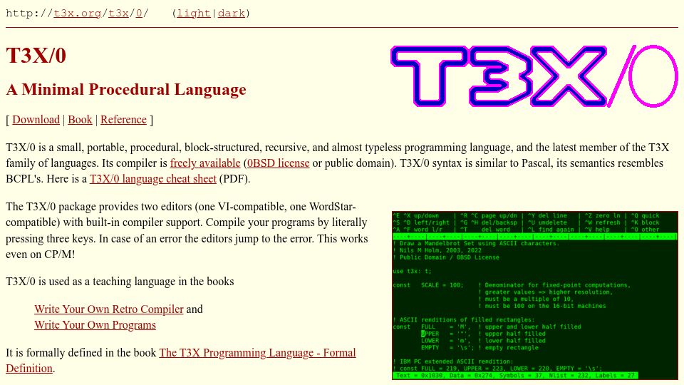 Screenshot of t3x.org: T3X/0 a Minimal Procedural Language
