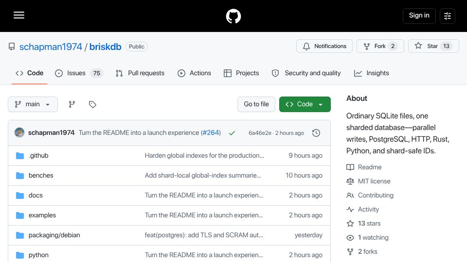 Screenshot of github.com: BriskDB