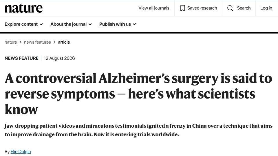 Screenshot of nature.com: A controversial Alzheimer's surgery is said to reverse symptoms