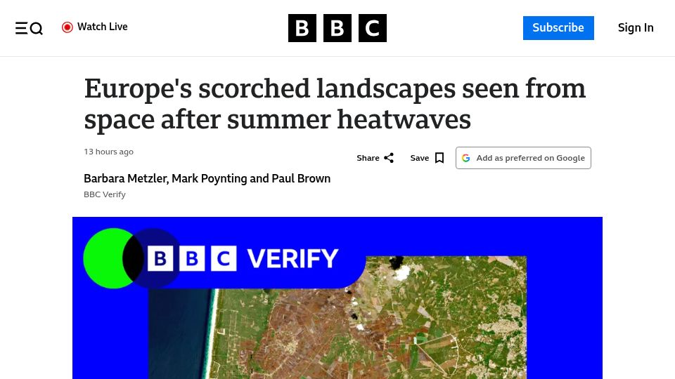 Screenshot of bbc.com: Europe's scorched landscapes seen from space after summer heatwaves
