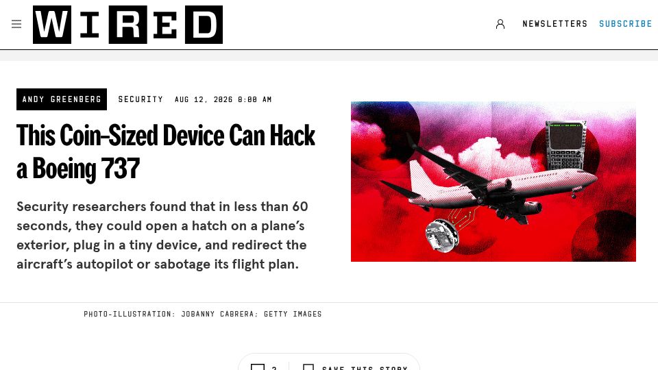 Screenshot of wired.com: Coin-sized device can hack a Boeing 737